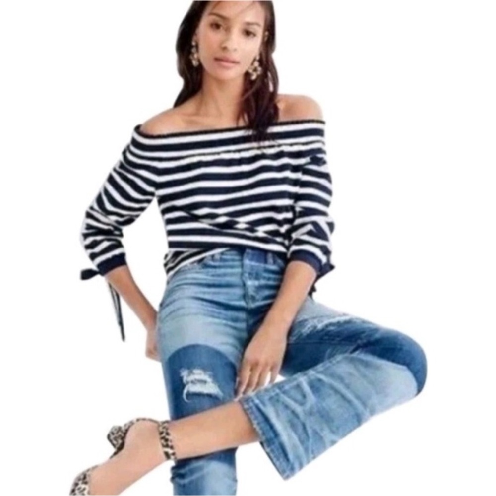 JCrew Navy and cream striped off the shoulder top with ties at the cuff and wide